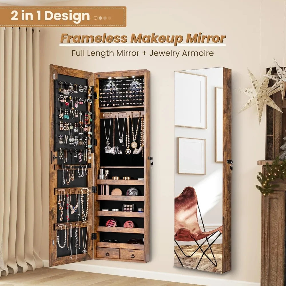 2 LEDs Full Length Mirror Jewelry Armoire with Storage and Mounting Options 47.5 Inch Jewelry Cabinet