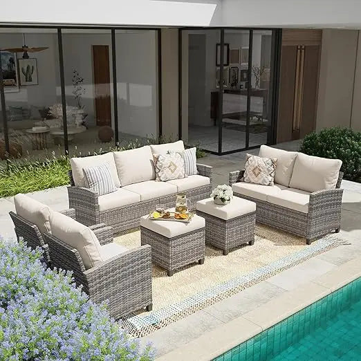 Patio Furniture Set Modular Wicker Outdoor Sectional Sofa Conversation Set Gray Rattan with Cushions