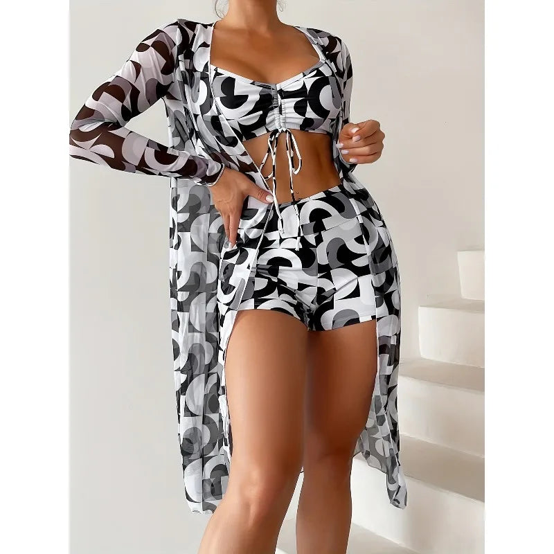 Three-piece printed drawstring bikini set, stylish high-waisted swimsuit with long-sleeved tulle blouse and kimono shirt