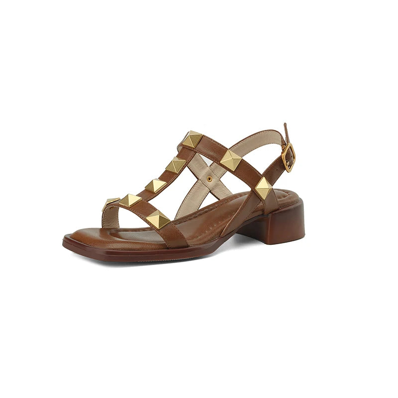 US 5-10Size Genuine Leather Studded Slingback Heel Rivet Women's Sandals With Adjustable Ankle Buckle Roman Pumps  Heels Sandals