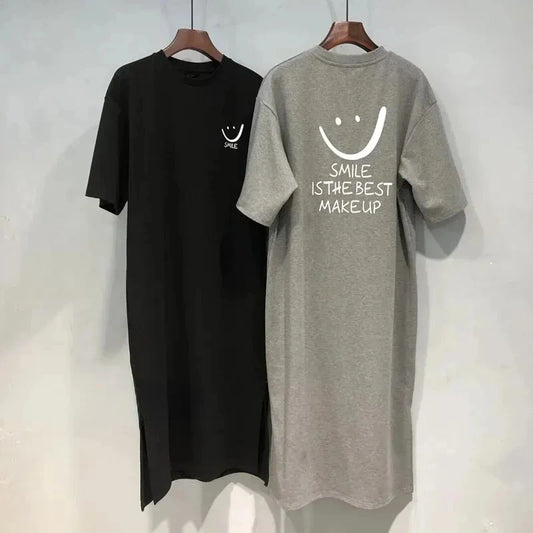Women's Summer Short Sleeved T-Shirt Dress Loose Mid Length Over Knee Dress