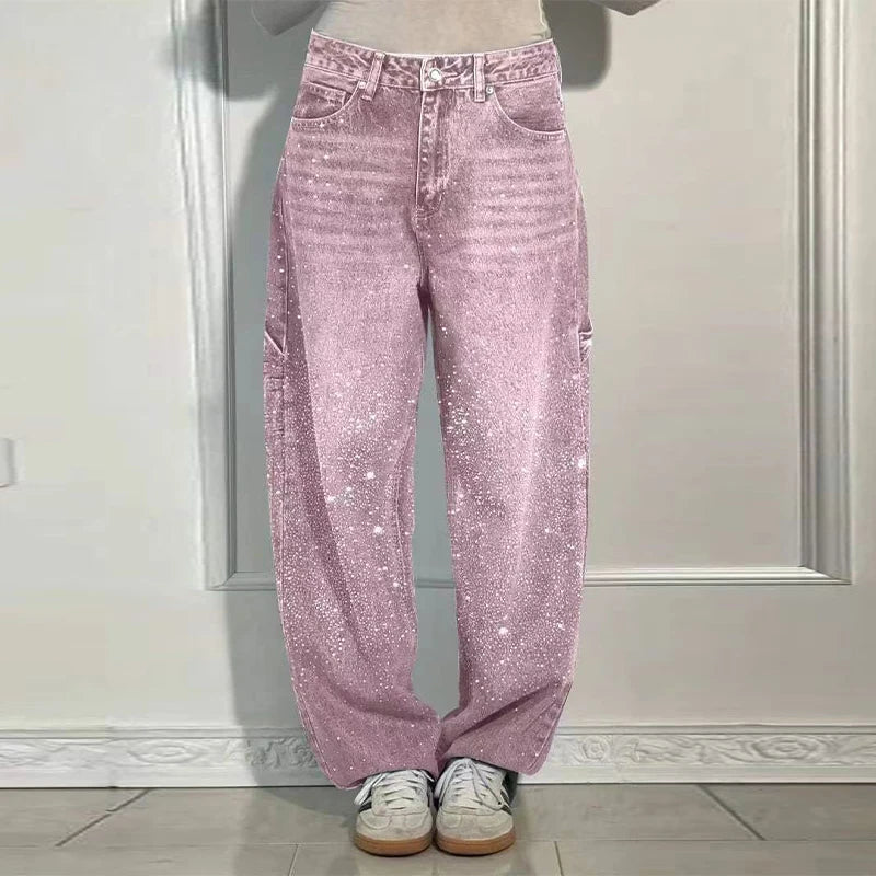 Shiny Rhinestone Baggy Women's Wide Leg Jeans Full Diamond Dragging Denim Pants Vintage Washed Casual Trousers