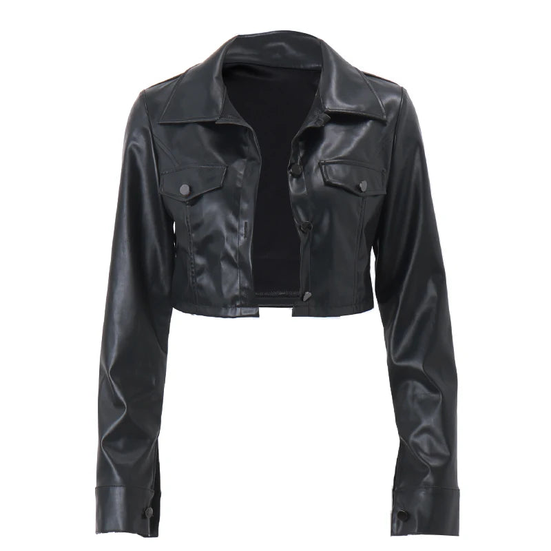 Xeemilo Autumn Faux Leather Short Jacket Y2K Turn Down Collar Fashion Button Decoration PU Coat 2022 Grunge Street Casual Coats