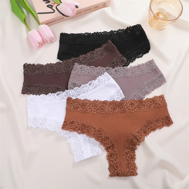 5 Pcs Set Women Cotton Floral Lace Intimate Underwear Trendy Patchwork Lace Briefs Soft Lingerie S-XL
