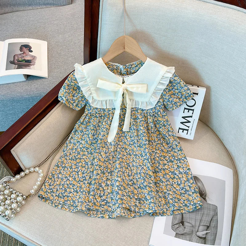 Baby Girl Summer Floral Bow Short Sleeve Dresses Cute Cotton Clothing for Girls 1-3 Years
