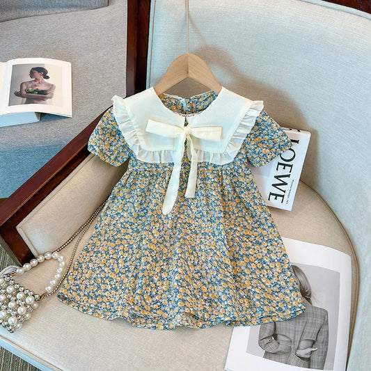Baby Girl Summer Floral Bow Short Sleeve Dresses Cute Cotton Clothing for Girls 1-3 Years