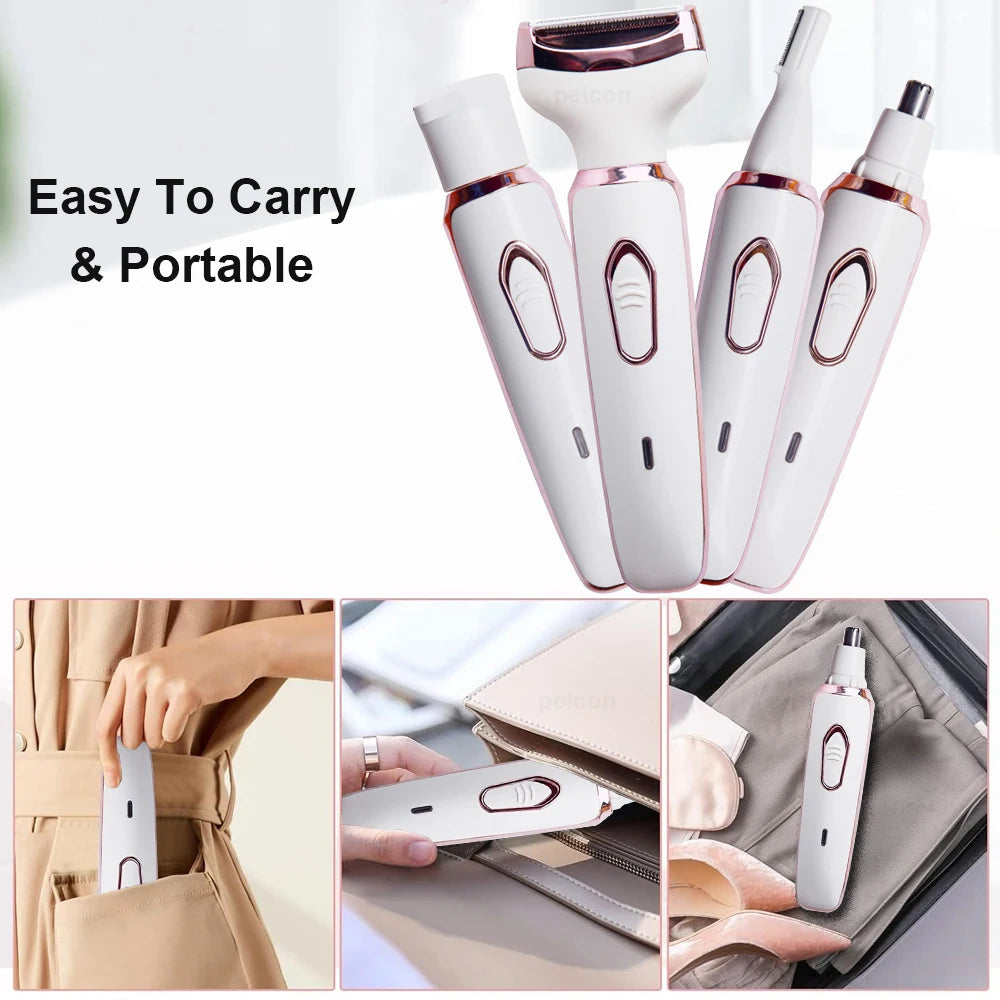 Electric Razor for Women 4 in 1 Hair Trimmer Portable Painless Epilator for Face Armpit Leg and Bikini Body