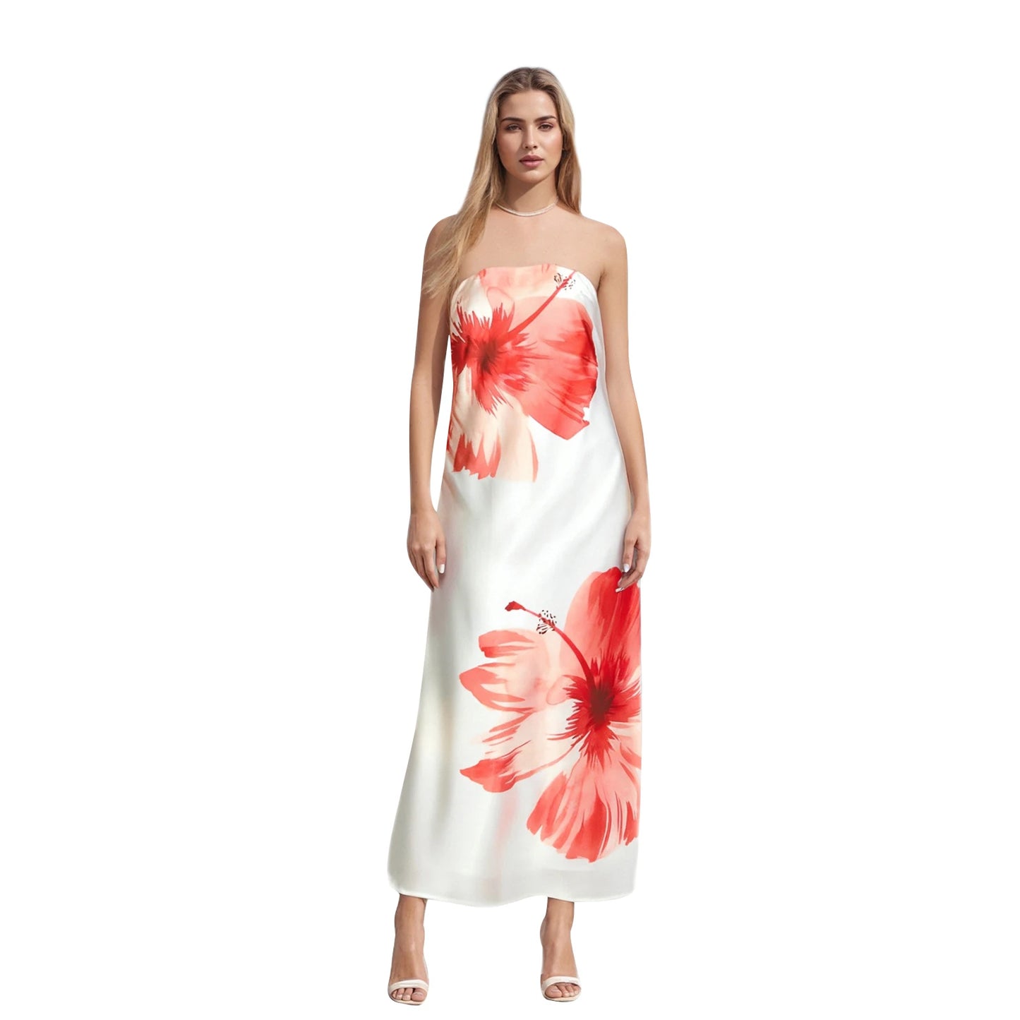 Women Off Shoulder Maxi Dress with Ruffle Detail and Boho Floral Print Elegant Fit Bandeau Dress for Summer Beach
