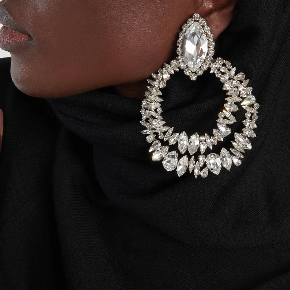 Stonefans Geometric Clip On Earrings Bridal No Piercing Accessories Elegant Lady Large Rhinestone Hoop Earrings Wedding Jewelry