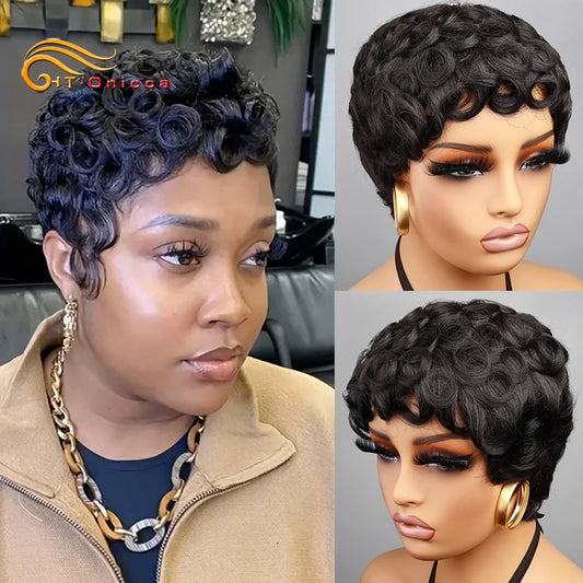 Htonicca Pixie Cut Wigs 100 Percent Human Hair Curly