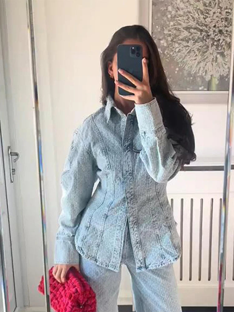 Vintage Women's Distressed Denim Suit Set Light Washed Blue Waist Tighing Jacket High Waist Wide Leg Jeans
