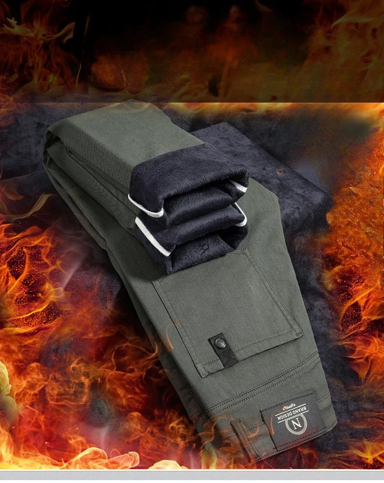 Winter New 2025 Fleece Pants Men's Thick Slim Elastic Business Casual Velvet Pants Warm Fashion Solid Color Plush Trousers Male