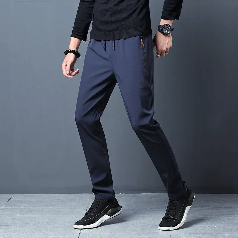 Men's Casual Straight Slim Fit Elastic Waist Jogger Pants Korean Style Blue Black Gray Plus Size Trousers