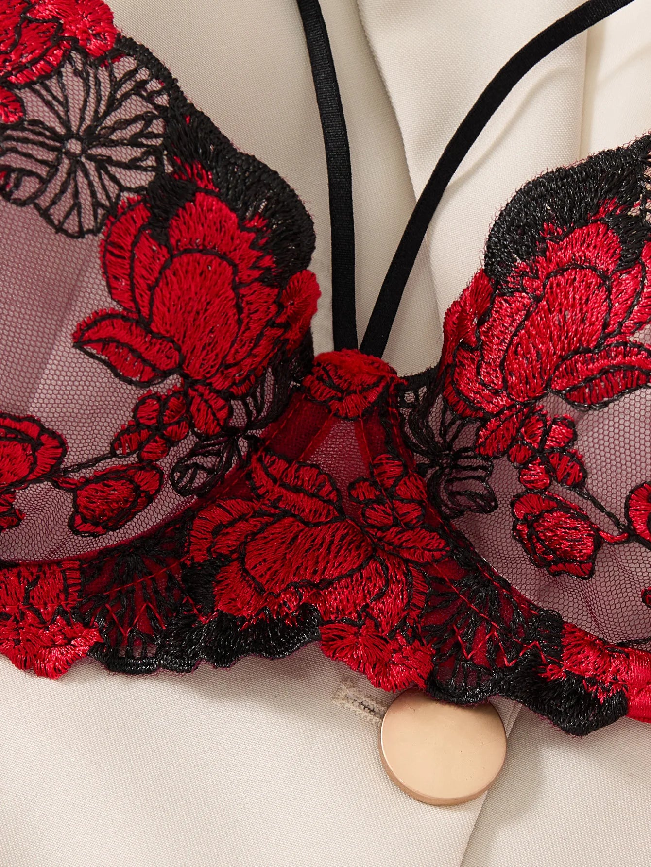 Two-piece embroidered bra set - Women's floral embroidered lingerie set - Black and red underwear set ZA825127