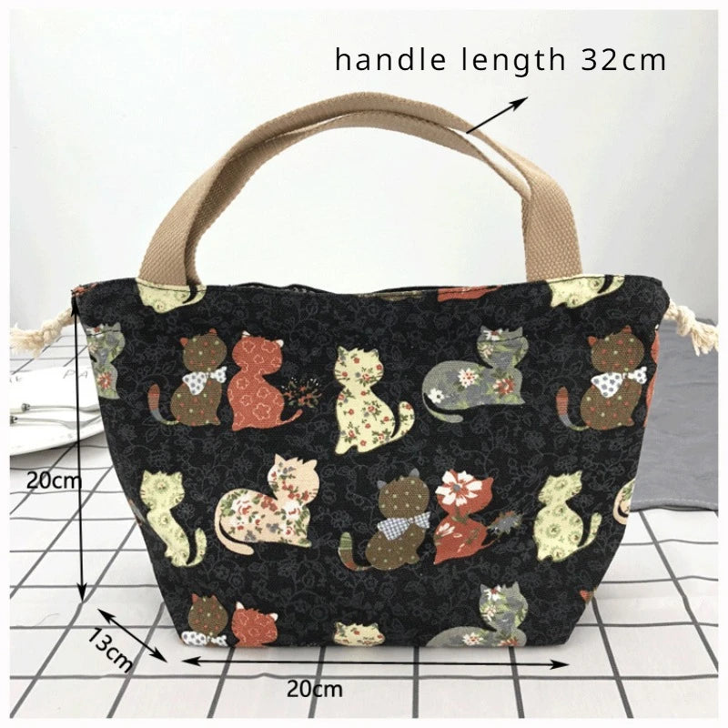 Japanese Cute Canvas Bento Bag Tote Cartoon Anime Drawstring Lunch Bag Foldable for Two Lunch Boxes