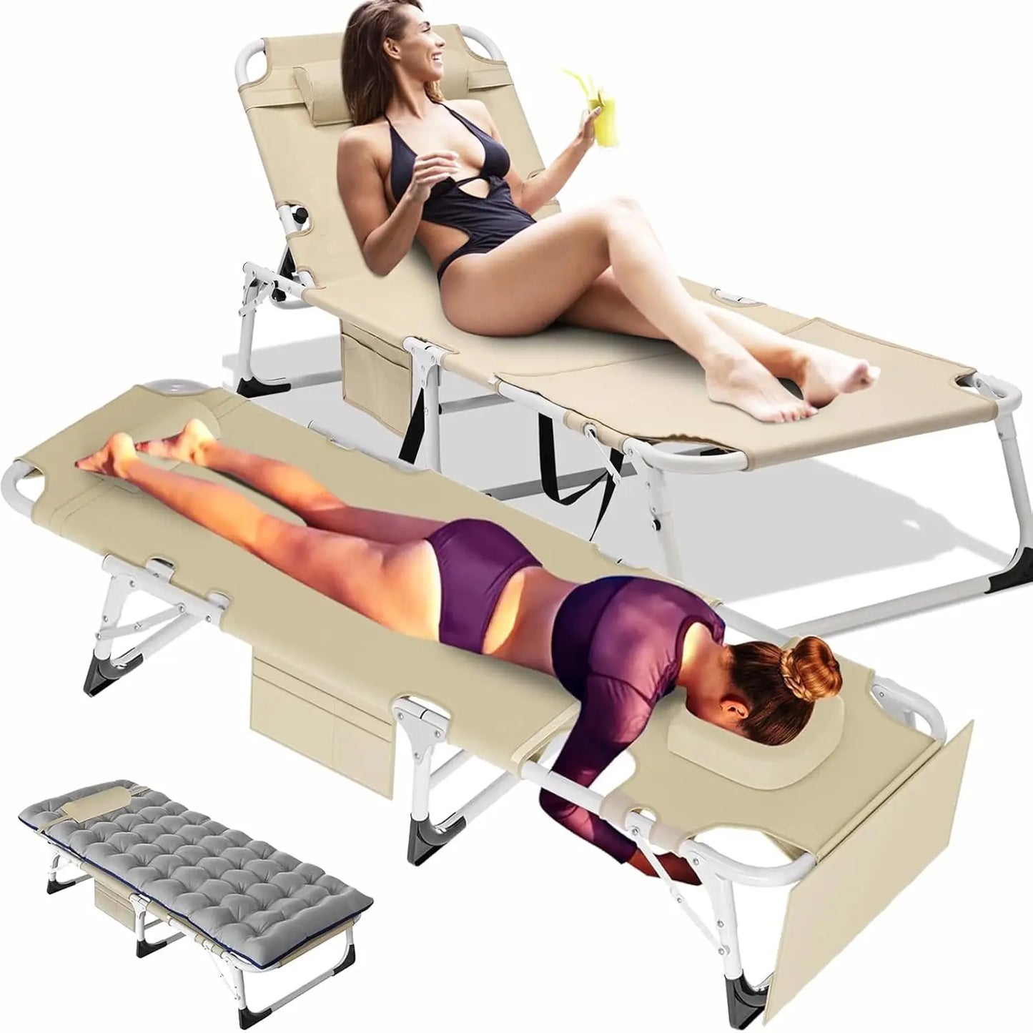 Tanning Chair, Heavy Duty Folding Beach Lounger with Face Arm Hole, Adjustable 5-Position Patio Chaise Lounge, Customized
