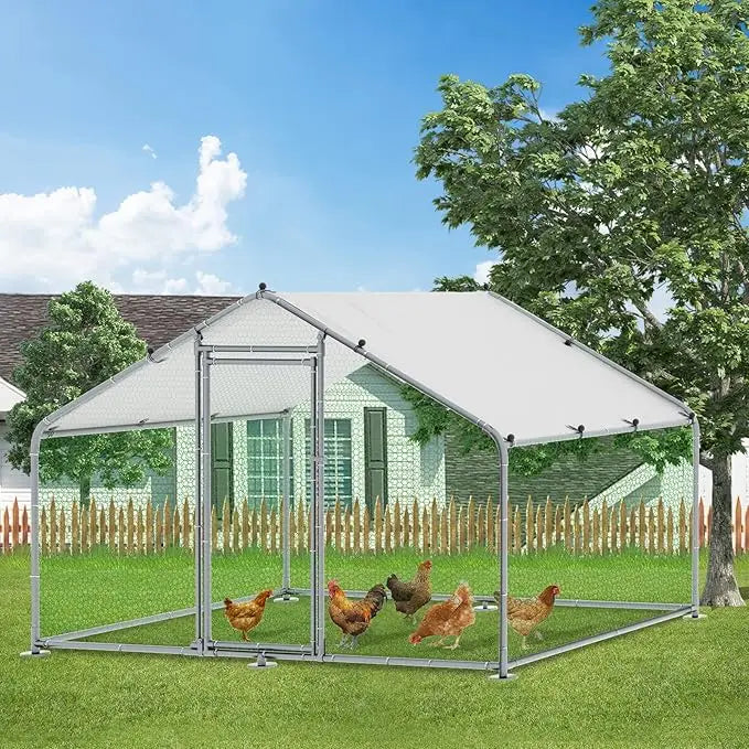 Large Metal Chicken Coop Run Walk In Enclosure Poultry Hen Run House Spire Shaped Chicken Pen with Waterproof and Anti UV Cover