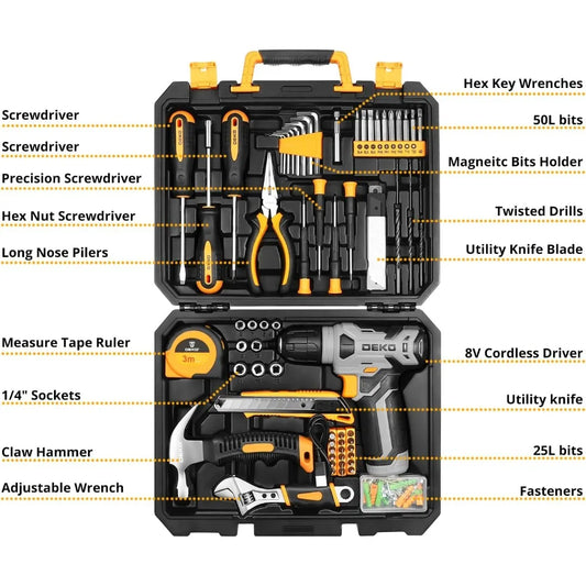 Tool Kit with 8V Cordless Drill and 126 Piece Home Tool Set