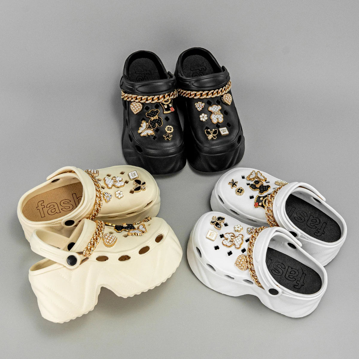 New Fashion Chain Black and White Bear High Heel Imitation Leather Pattern Clogs