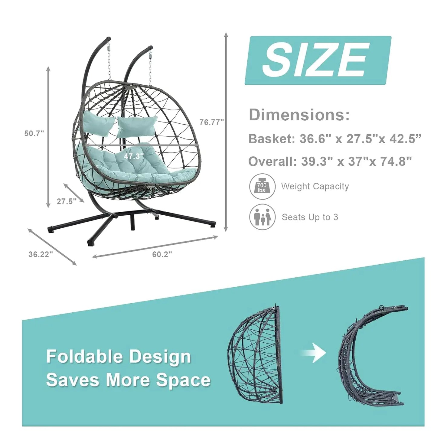 Double Egg Swing Chair with Stand, 2 Person Outdoor Indoor Hammock Hanging Chair with Cushion,Patio Wicker Hanging, Customized