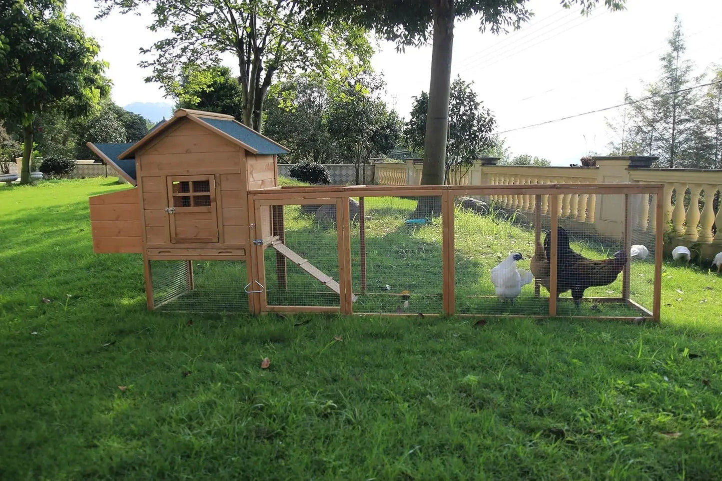 Outdoor Chicken Coop for 2 to 4 Chickens Wooden Hen House Poultry Pet Hutch Run Cage with Waterproof Asphalt Roof and Wire Fence 80 Inches