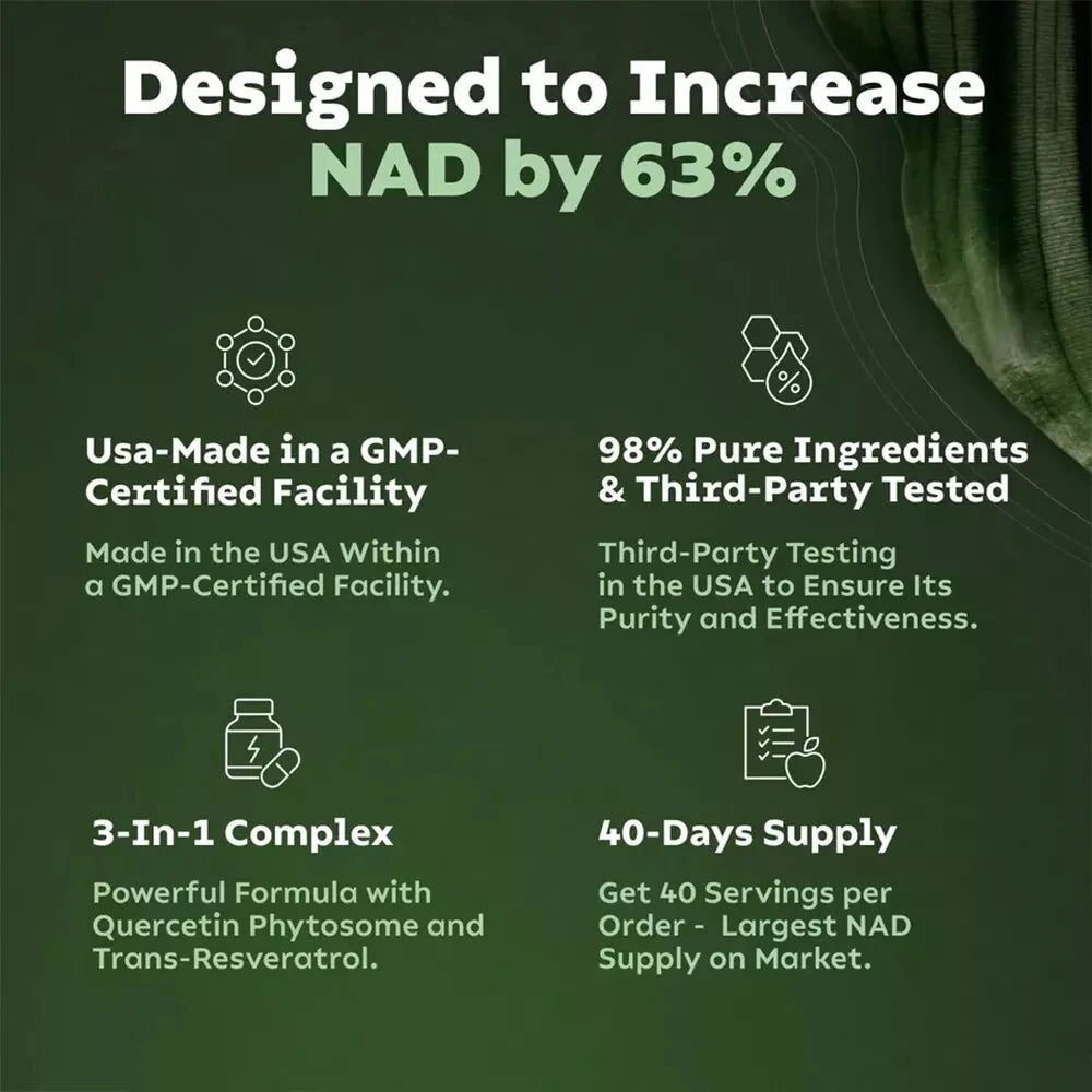 NAD Plus Supplements for Anti Aging Energy Focus Nicotinamide Riboside Resveratrol 30 Capsules