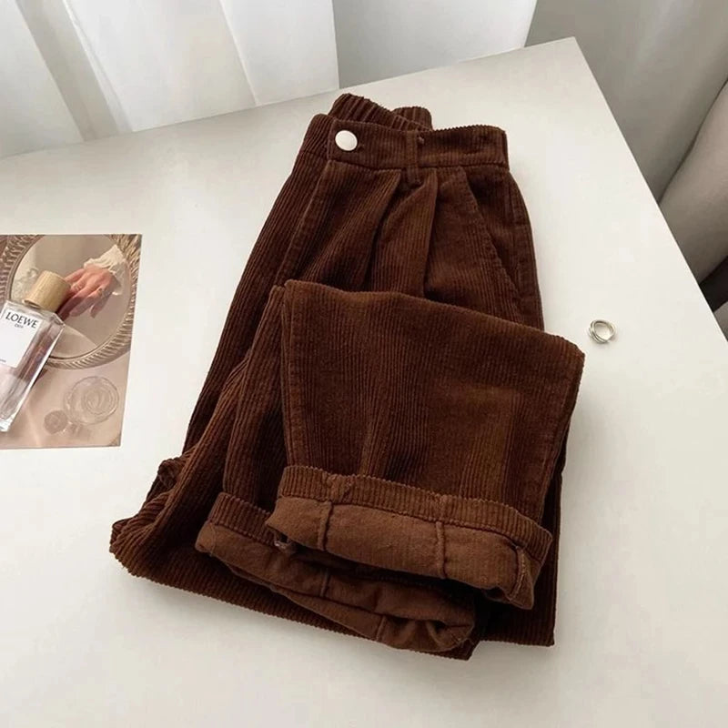 Women Korean Fashion Spring Fall Retro Straight High Waist Corduroy Pants Casual Full Length Trousers Office Lady Style
