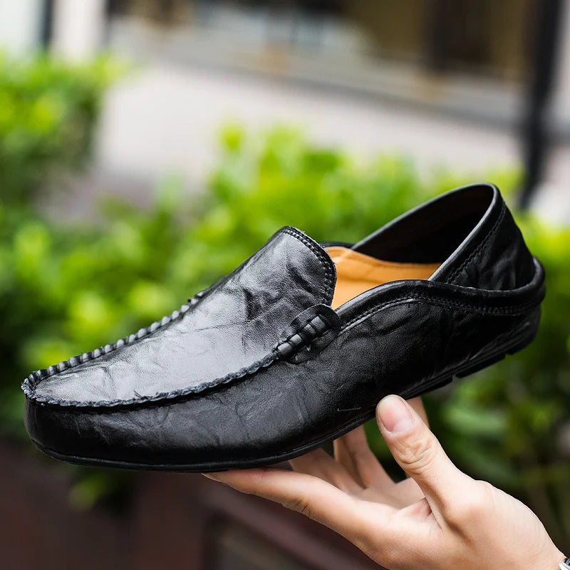 Summer Men Casual Shoes Leather Moccasins Breathable Slip On Boat Shoes Italian Luxury Brand Mens Driving Loafers Size 37 to 47