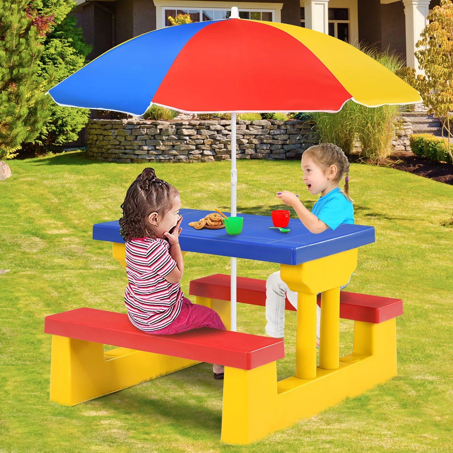 Kids Picnic Table Set With Removable Umbrella For Indoor Outdoor Garden Patio