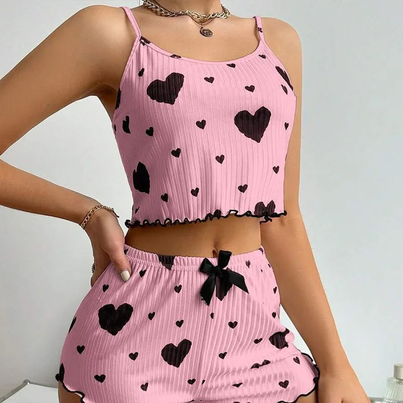 Women's 2 Piece Pajama Set Casual Sleepwear Short Tank Tops and Shorts White Soft Ventilate Love Print S M L