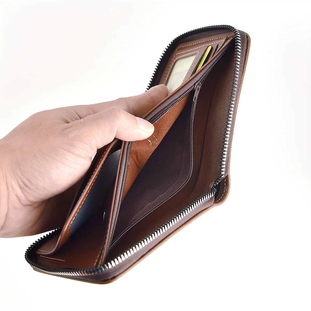 Men's PU Wax Oil Skin Wallet Zipper Around Coin Purse Short Card Holder for Men