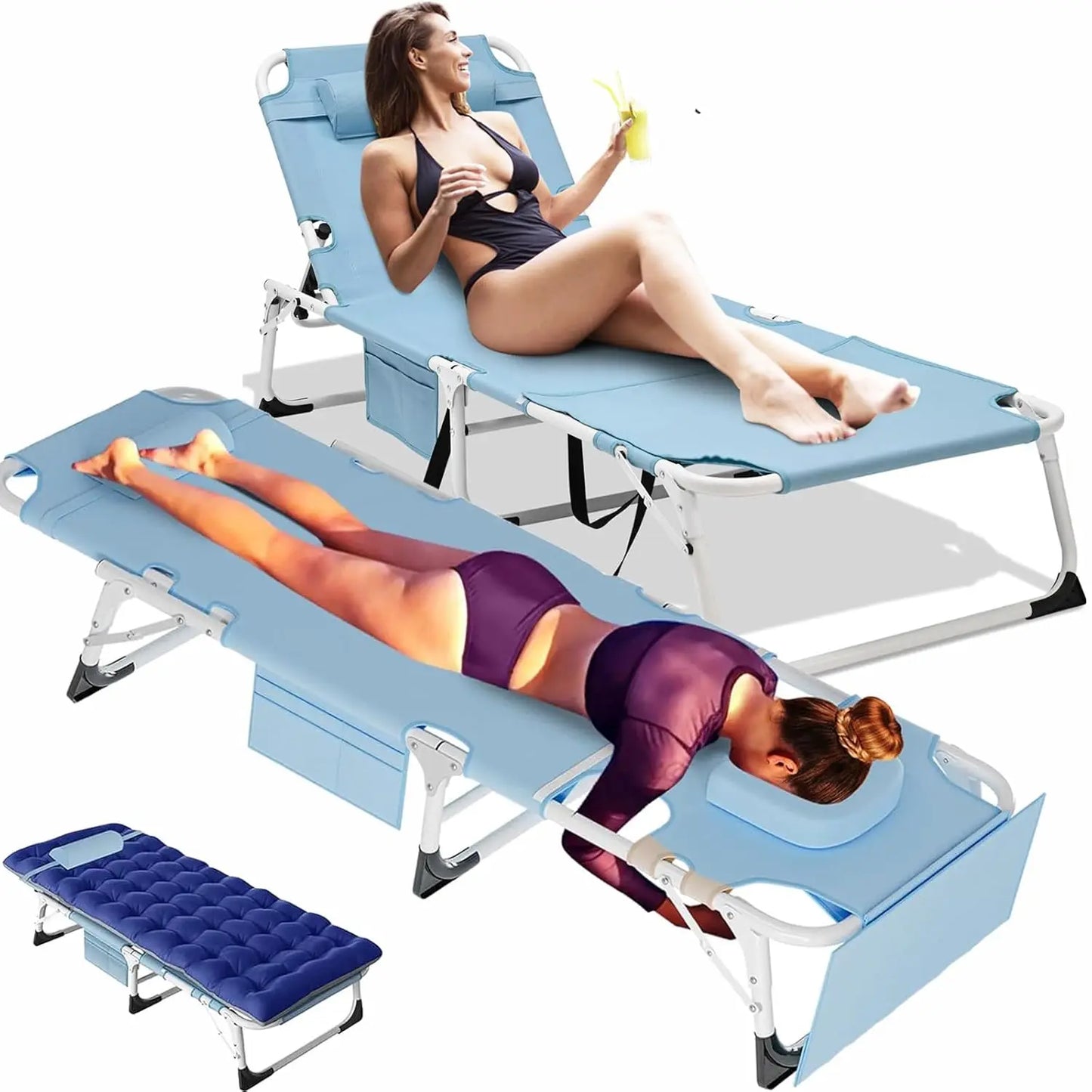 Tanning Chair, Heavy Duty Folding Beach Lounger with Face Arm Hole, Adjustable 5-Position Patio Chaise Lounge, Customized
