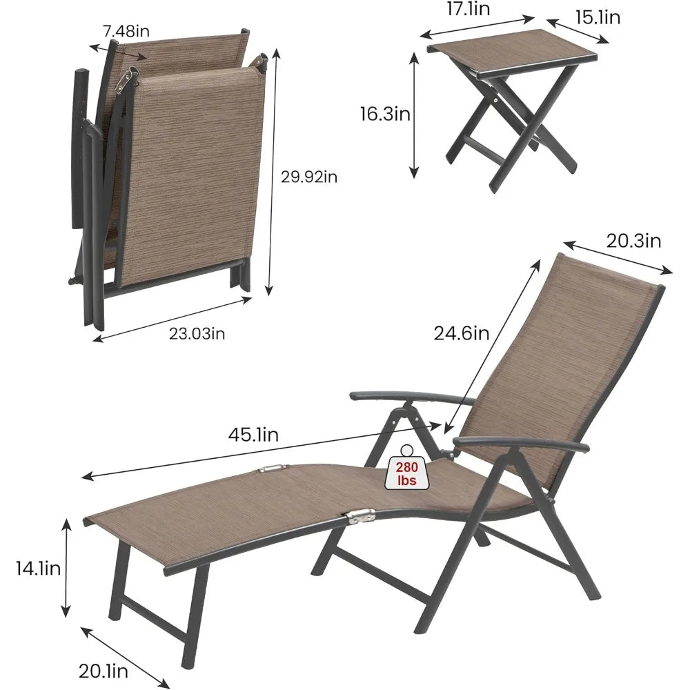 3PCS Aluminum Patio Set with Chaise Lounge Chairs and Table 8-Position Adjustable Backrest for Outdoor Use