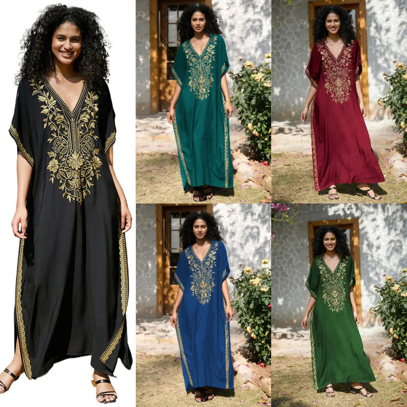 Gold Embroidery Beach Dress with Side Split Design and Oversized Fit
