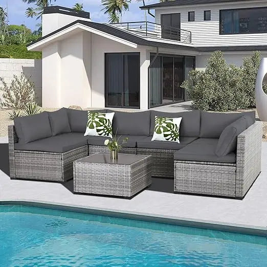 Patio Furniture Set Modular Wicker Outdoor Sectional Sofa Conversation Set Gray Rattan with Cushions