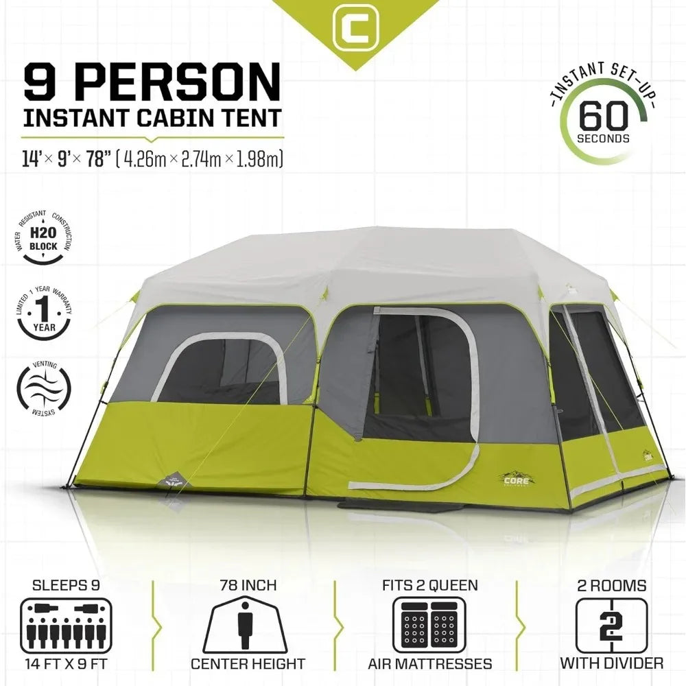 9 Person Instant Cabin Tent 14 Foot x 9 Foot Green