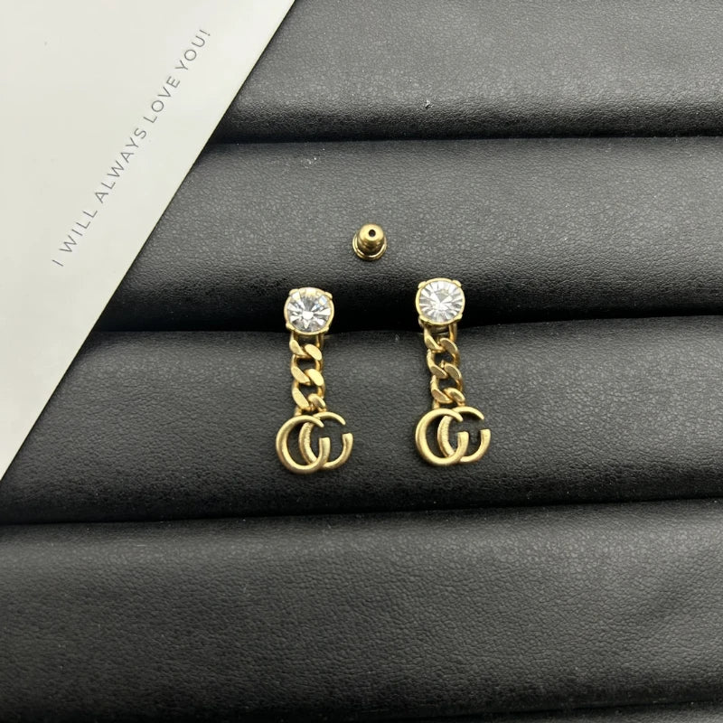 New Retro Double G Letter Chain Rhinestone Tassel Earrings Light Luxury Temperament