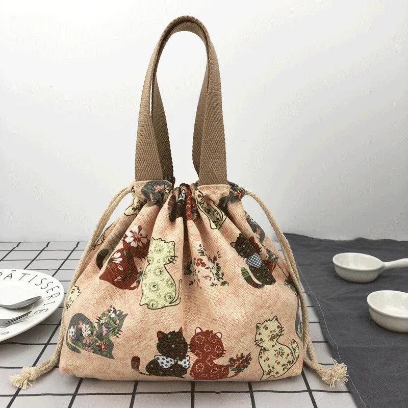 Japanese Cute Canvas Bento Bag Tote Cartoon Anime Drawstring Lunch Bag Foldable for Two Lunch Boxes