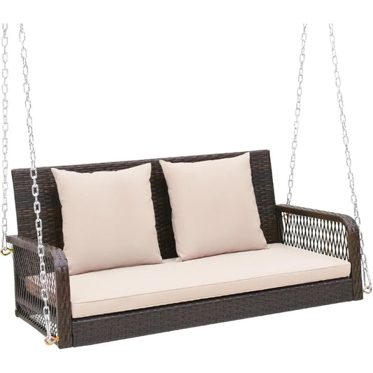 Wicker Outdoor Porch Swing 800 LBS Capacity 2-Seater Swing Bench with Hanging Chains and Cushions