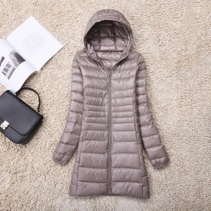 Plus Size White Duck Down Jacket Lightweight Down Coat for Women Hooded Long Winter Wear