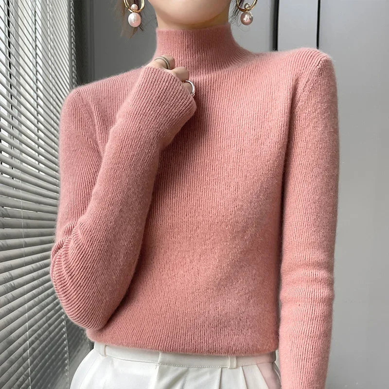 Autumn Winter Women Sweater Slim Fit High Strecth Pullovers  Long Sleeve Inner Wear Mock Neck Knitted Tops Korean Fashion Jumper
