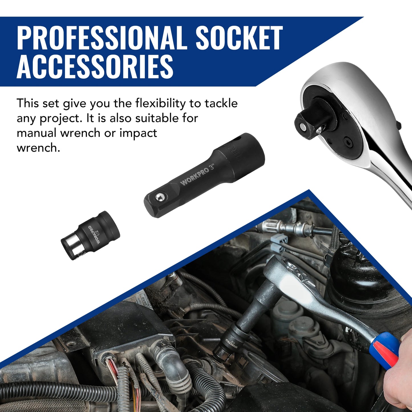 Workpro 18 Pieces Drive Tool Accessory Set With Socket Adapters Socket Extension Bar Swivel Universal Joints Impact Coupler