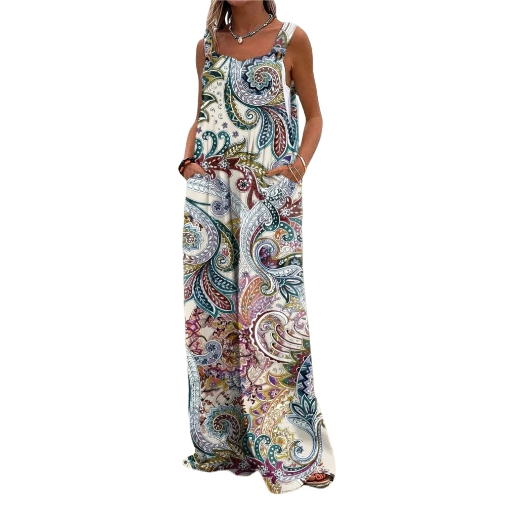 Plus Size Women's Bohemian Style Geometric Pattern Sleeveless Long Dress Casual Off Shoulder Jumpsuit Summer Travel Choice