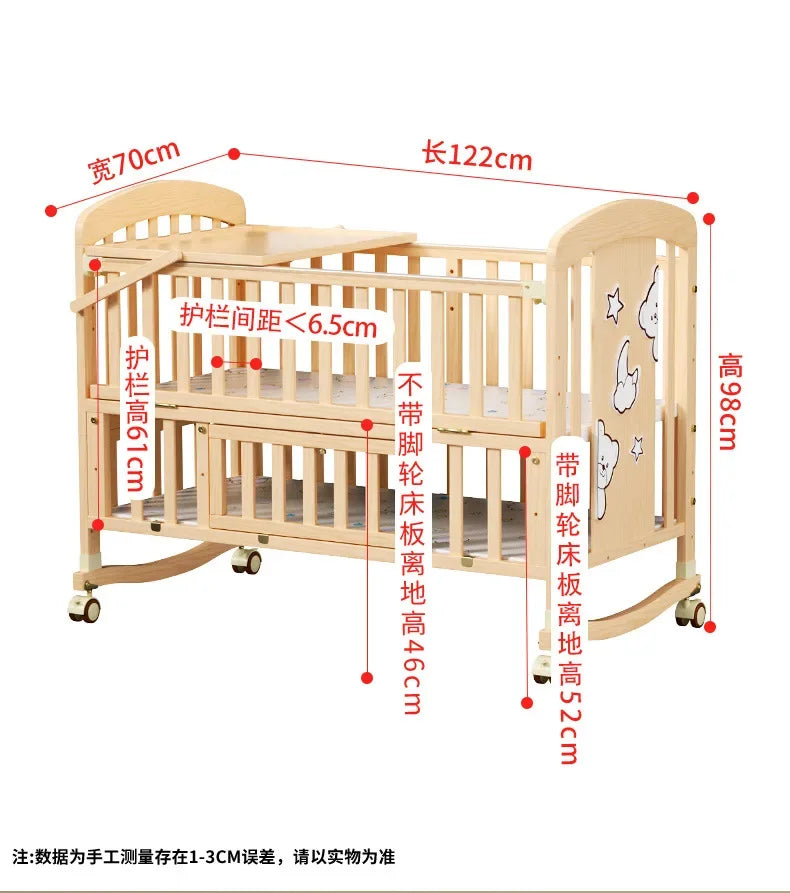 Wood Baby Crib with Diaper Table Newborn Baby Bed Multifunctional Baby Rocking Bed with Wheels and Mosquito Net