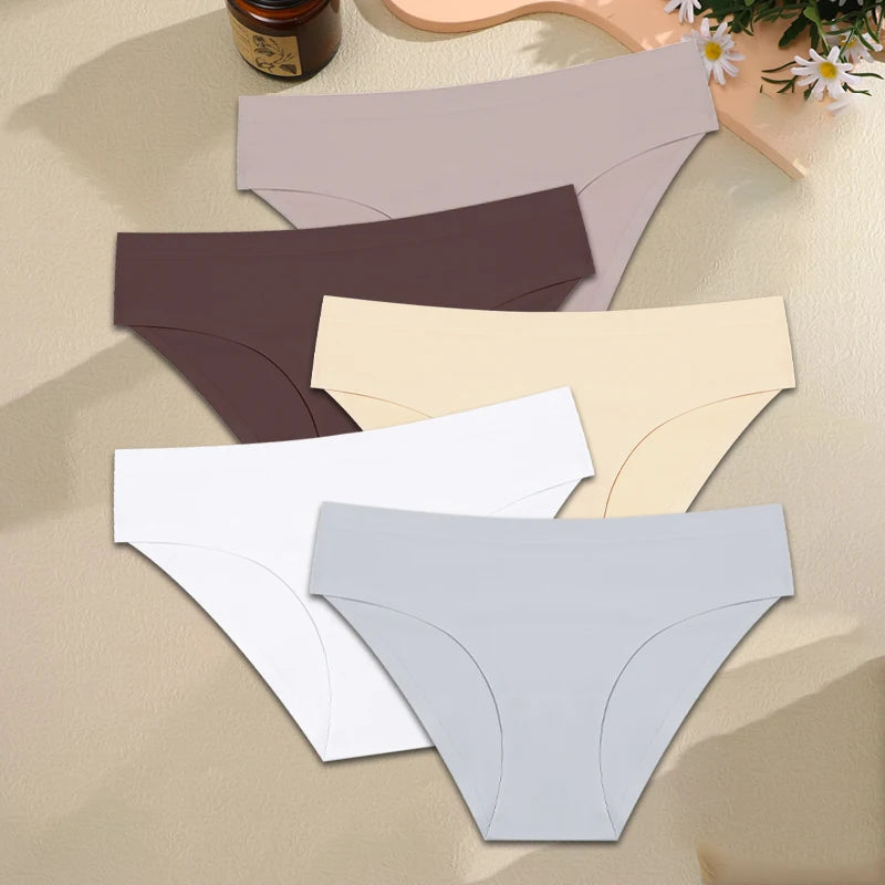 Finetoo 5PCS Seamless Panties for Women Sexy Ice Silk Underwear Solid Briefs Low Waist Comfortable Invisible Lingerie Intimates