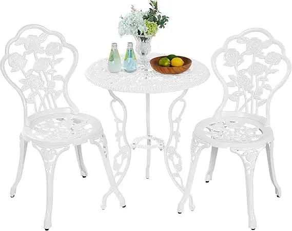 3 Piece Outdoor Bistro Set with Rose Design Rust Resistant Cast Aluminum Table and Chairs with Umbrella Hole for Balcony and Backyard