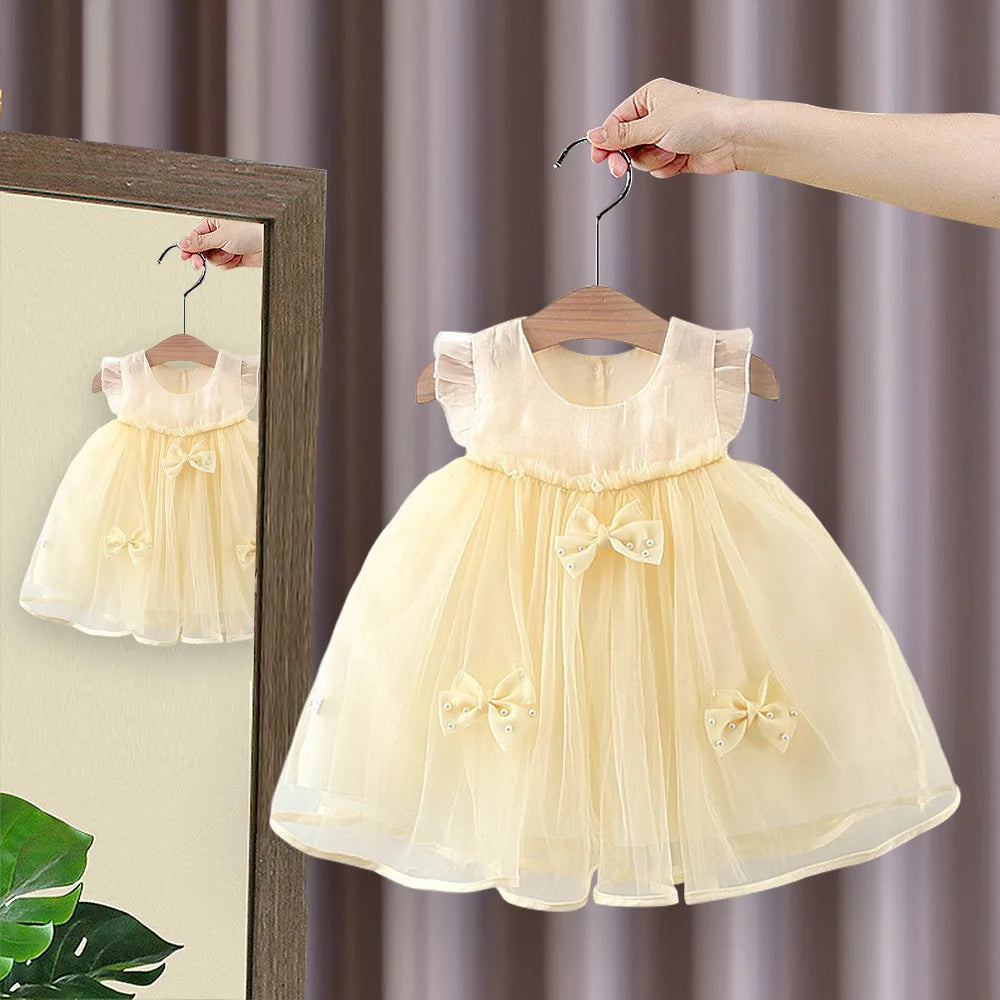 Girls Summer Princess Dress with Flying Sleeves and Baby Bow Decoration