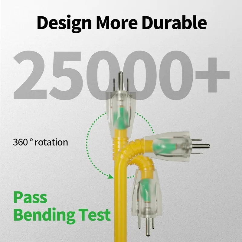 100 Ft 10 3 Outdoor Extension Cord Waterproof Heavy Duty 10 Gauge 3 Prong Flexible Cold Resistant Long Power Cord with Lighted Indicator End 15 Amp 1875W SJTW Yellow ETL Listed