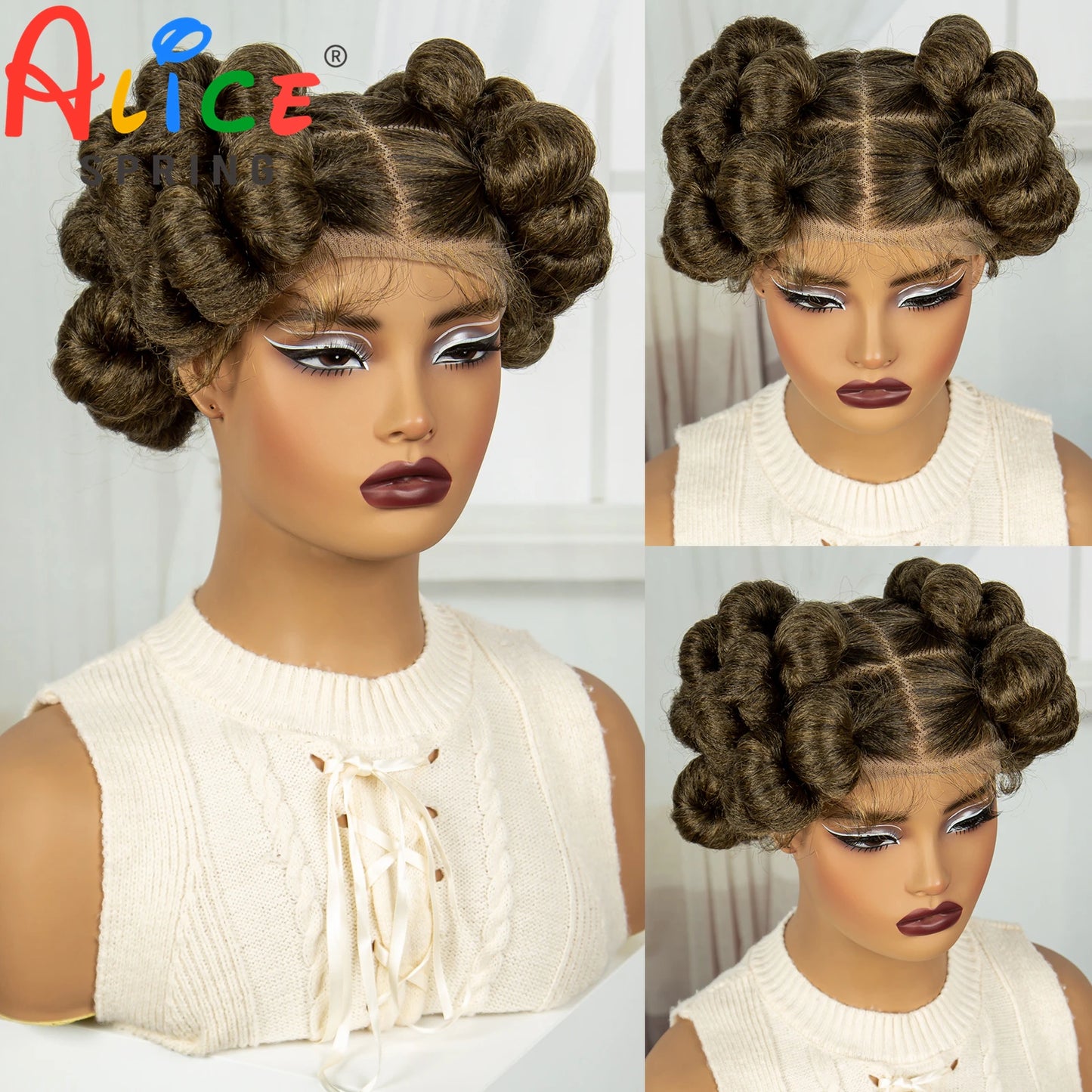 Natural Color 6 Inch Transparent Full Lace Braided Wigs Short Cute Handmade Bantu Synthetic Braided Lace Wig
