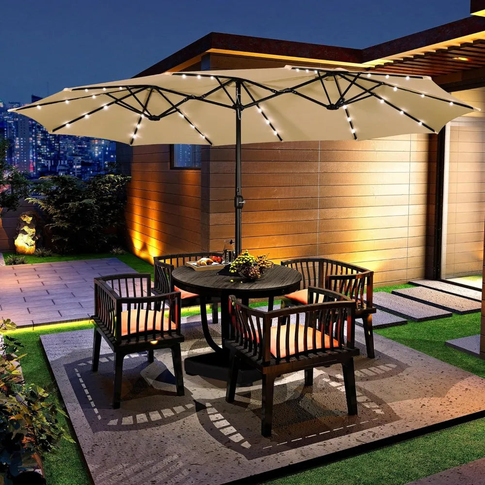 15 Ft Large Patio Umbrella with Solar Lights Double Sided Outdoor Rectangle Market Umbrella with 36 LED Lights and Base Included